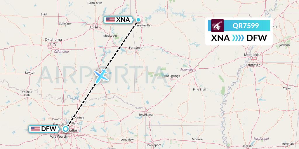 QR7599 Qatar Airways Flight Map: Bentonville to Dallas