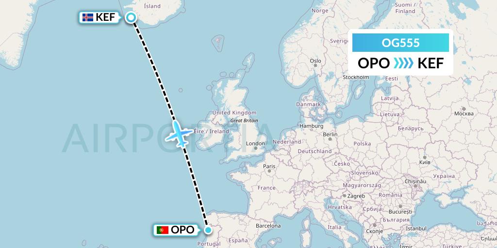 OG555 Fly Play Flight Map: Porto to Reykjavik
