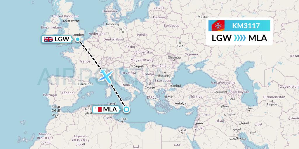 KM3117 Air Malta Flight Map: London to Malta