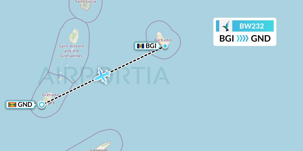 BW232 Caribbean Airlines Flight Map: Bridgetown to Point Salines