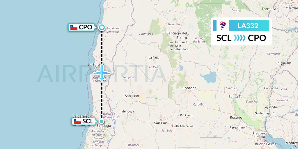 LA332 LAN Airlines Flight Map: Santiago to Copiapo