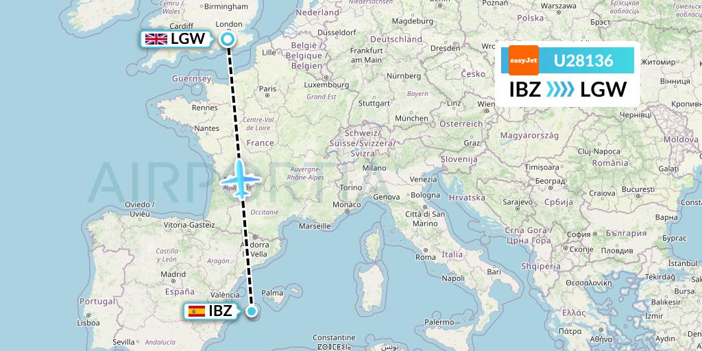 U28136 EasyJet Flight Map: Ibiza to London