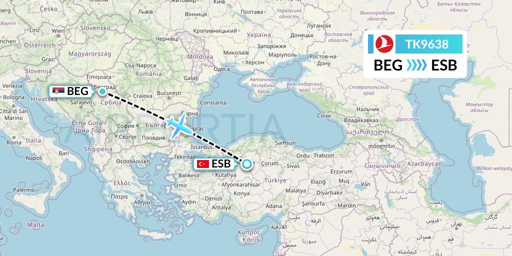 TK9638 Turkish Airlines Flight Map: Belgrade to Ankara