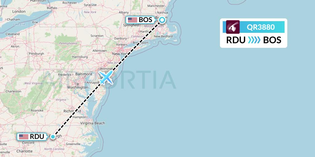 QR3880 Qatar Airways Flight Map: Raleigh-Durham to Boston
