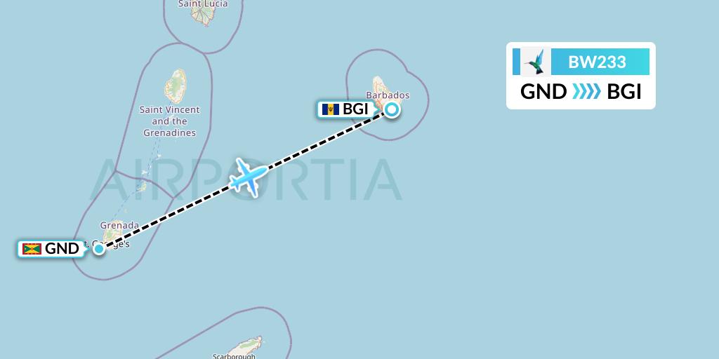 BW233 Caribbean Airlines Flight Map: Point Salines to Bridgetown