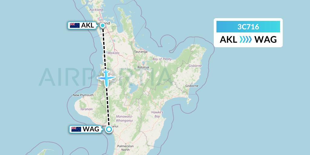 3C716 Air Chathams Flight Map: Auckland to Wanganui
