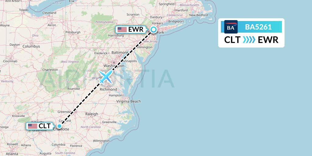 BA5261 British Airways Flight Map: Charlotte to New York