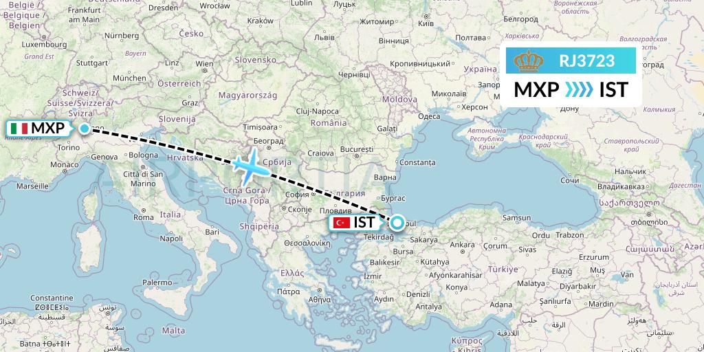RJ3723 Royal Jordanian Flight Map: Milan to Istanbul