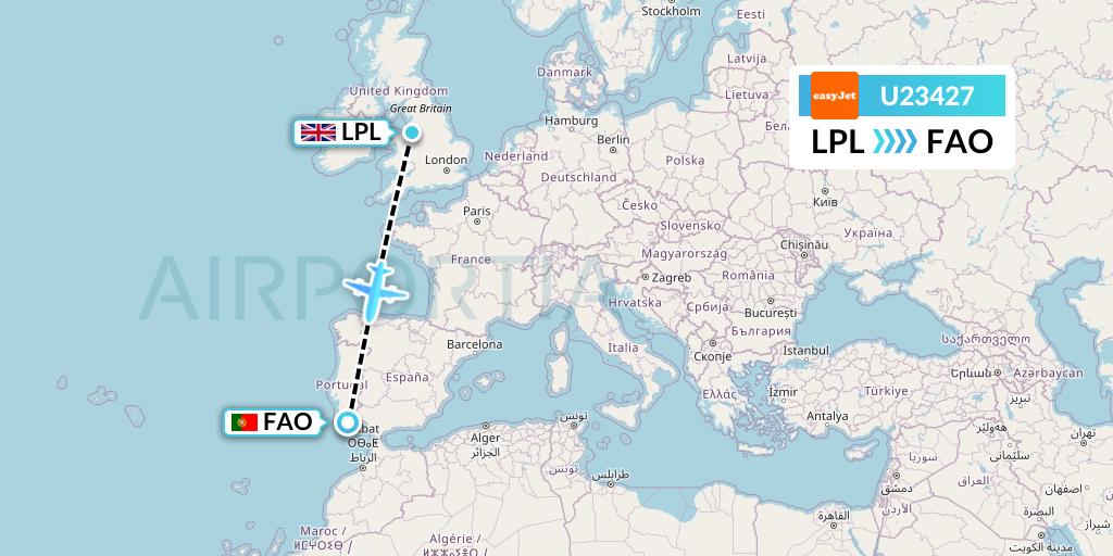 U23427 EasyJet Flight Map: Liverpool to Faro