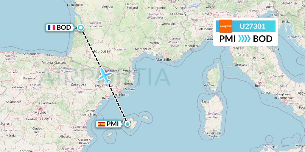 U27301 EasyJet Flight Map: Palma de Mallorca to Bordeaux