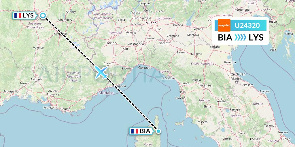 U24320 EasyJet Flight Map: Bastia to Lyon
