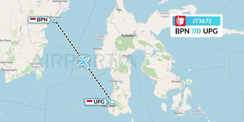 JT3675 Lion Airlines Flight Map: Balikpapan to Makassar