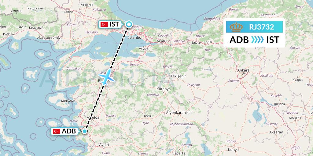RJ3732 Royal Jordanian Flight Map: Izmir to Istanbul