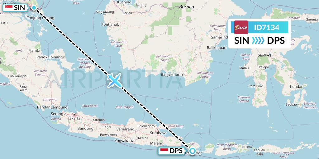 ID7134 Batik Air Flight Map: Singapore to Denpasar