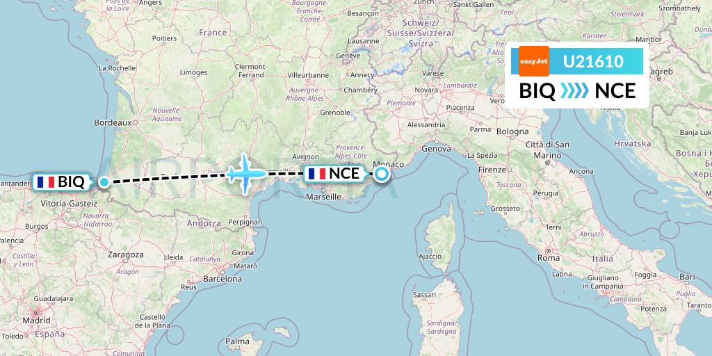 U21610 EasyJet Flight Map: Biarritz to Nice