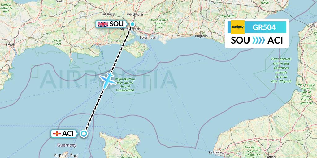 GR504 Aurigny Air Services Flight Map: Southampton to Alderney