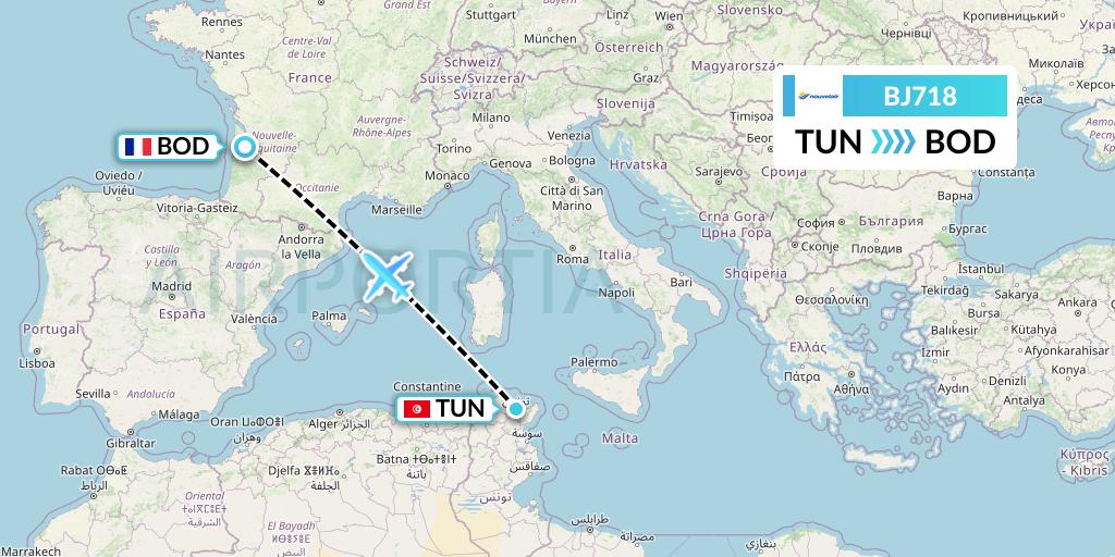 BJ718 Nouvelair Tunisie Flight Map: Tunis to Bordeaux