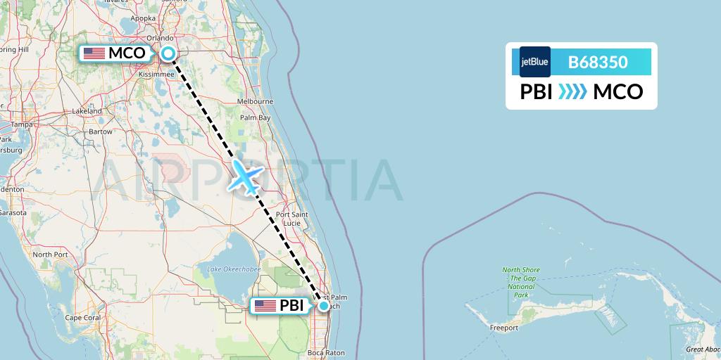 B68350 JetBlue Airways Flight Map: West Palm Beach to Orlando