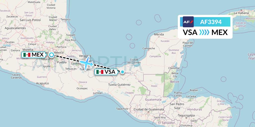 AF3394 Air France Flight Map: Villahermosa to Mexico City