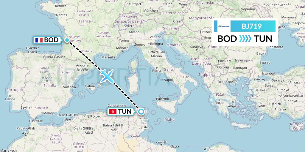 BJ719 Nouvelair Tunisie Flight Map: Bordeaux to Tunis