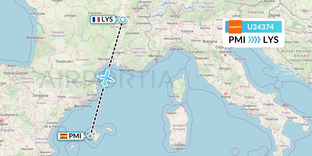 U24374 EasyJet Flight Map: Palma de Mallorca to Lyon