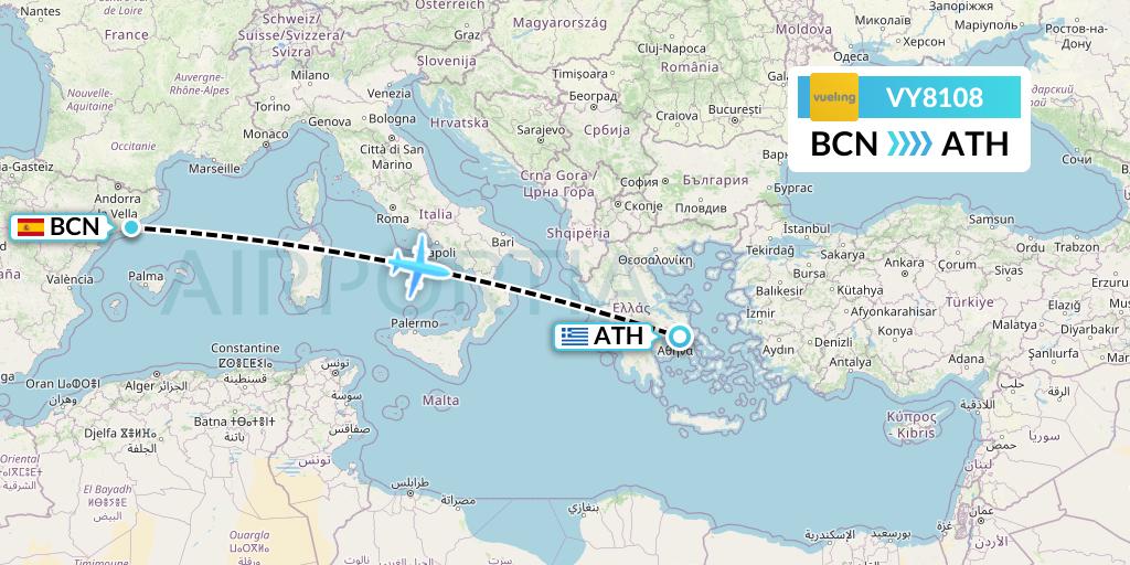 VY8108 Vueling Flight Map: Barcelona to Athens