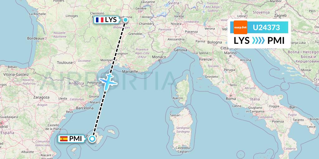 U24373 EasyJet Flight Map: Lyon to Palma de Mallorca