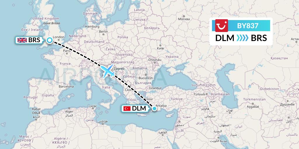 BY837 TUI Airways Flight Map: Dalaman to Bristol