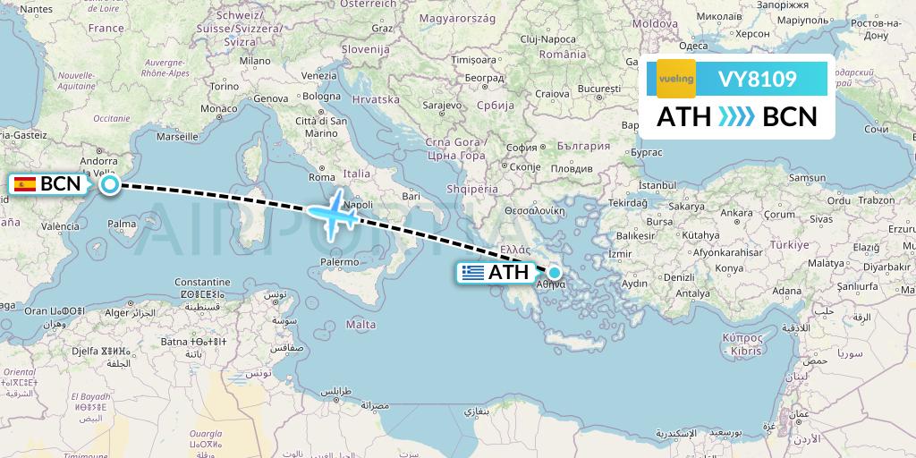 VY8109 Vueling Flight Map: Athens to Barcelona