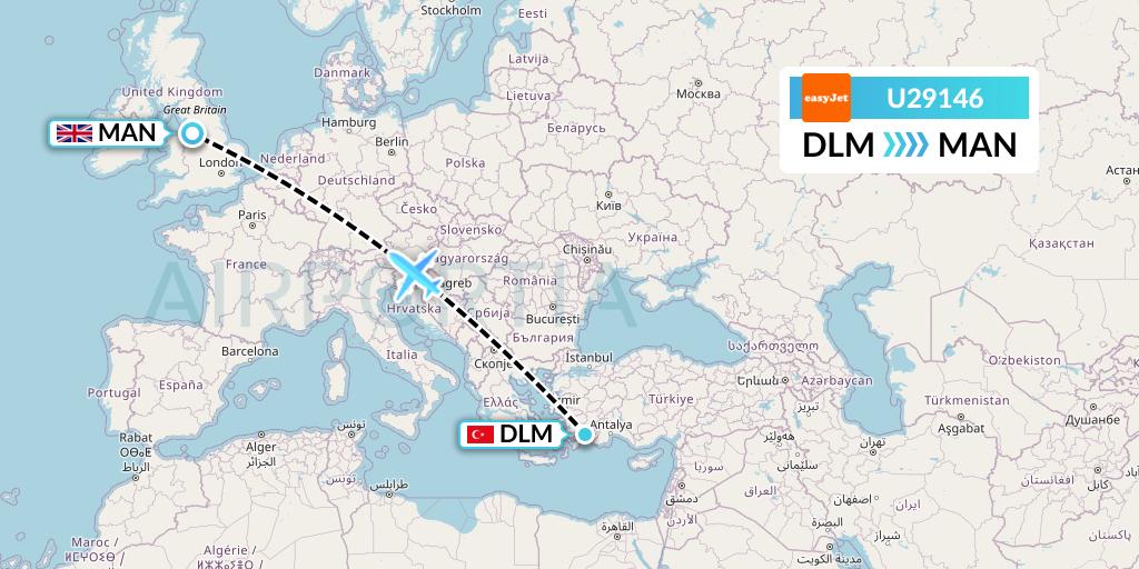 U29146 EasyJet Flight Map: Dalaman to Manchester