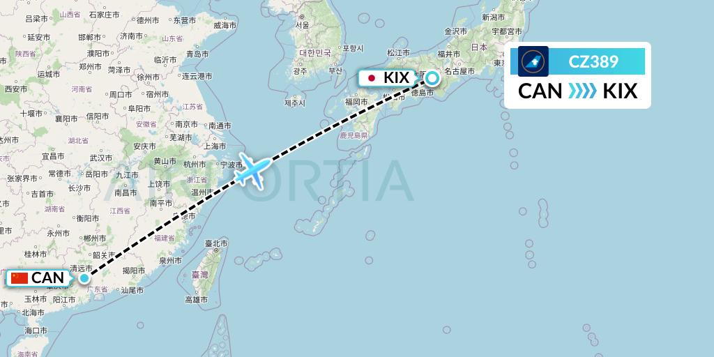 CZ389 China Southern Airlines Flight Map: Guangzhou to Osaka