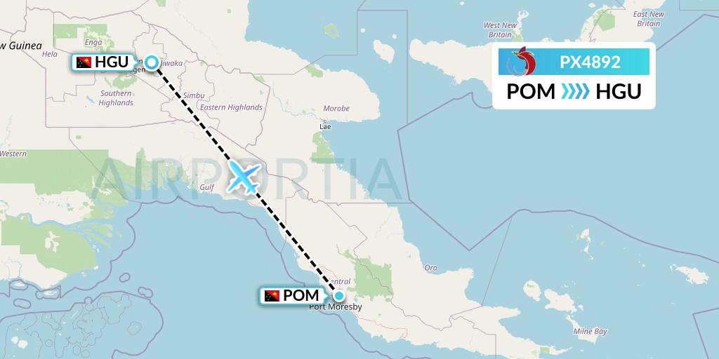 PX4892 Air Niugini Flight Map: Port Moresby to Mount Hagen