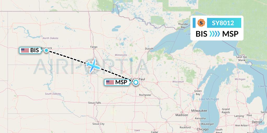 SY8012 Sun Country Airlines Flight Map: Bismarck to Minneapolis
