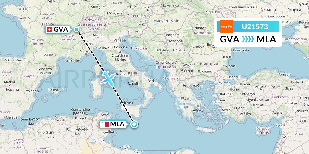U21573 EasyJet Flight Map: Geneva to Malta