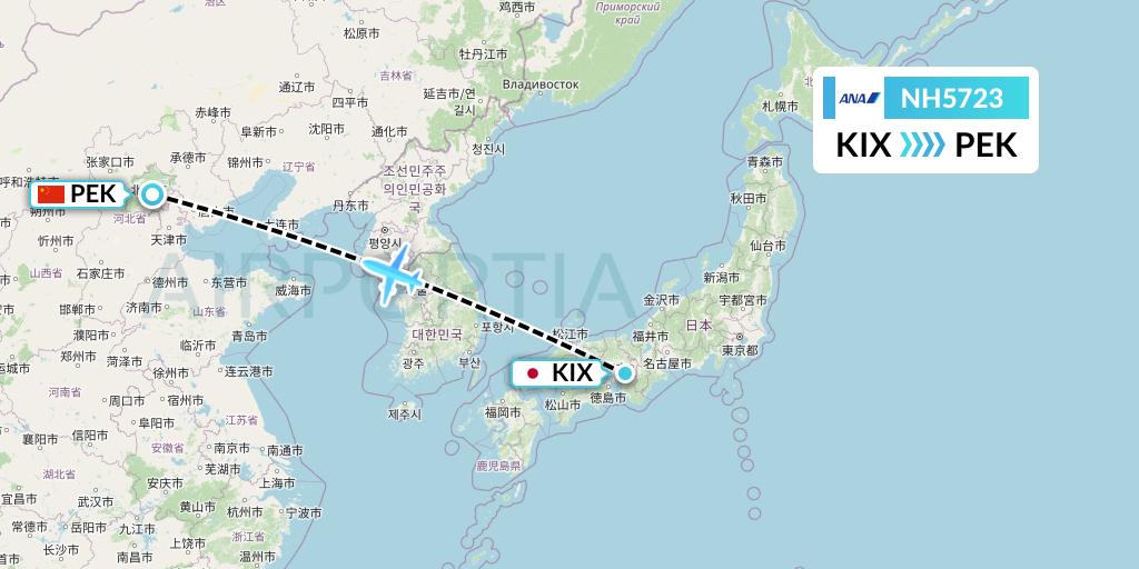 NH5723 All Nippon Airways Flight Map: Osaka to Beijing
