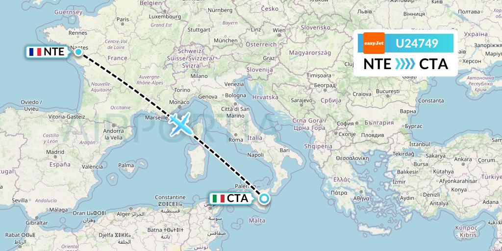 U24749 EasyJet Flight Map: Nantes to Catania