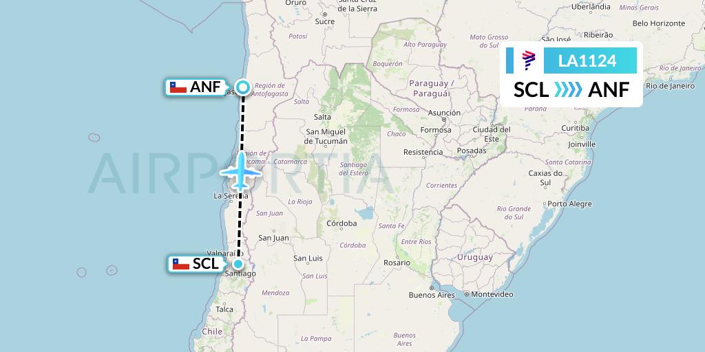 LA1124 LAN Airlines Flight Map: Santiago to Antofagasta