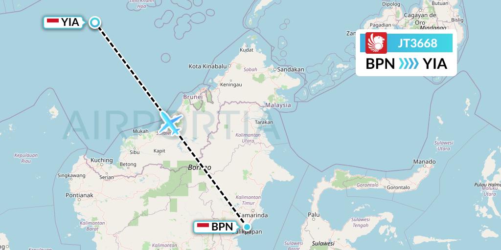 JT3668 Lion Airlines Flight Map: Balikpapan to Yogyakarta