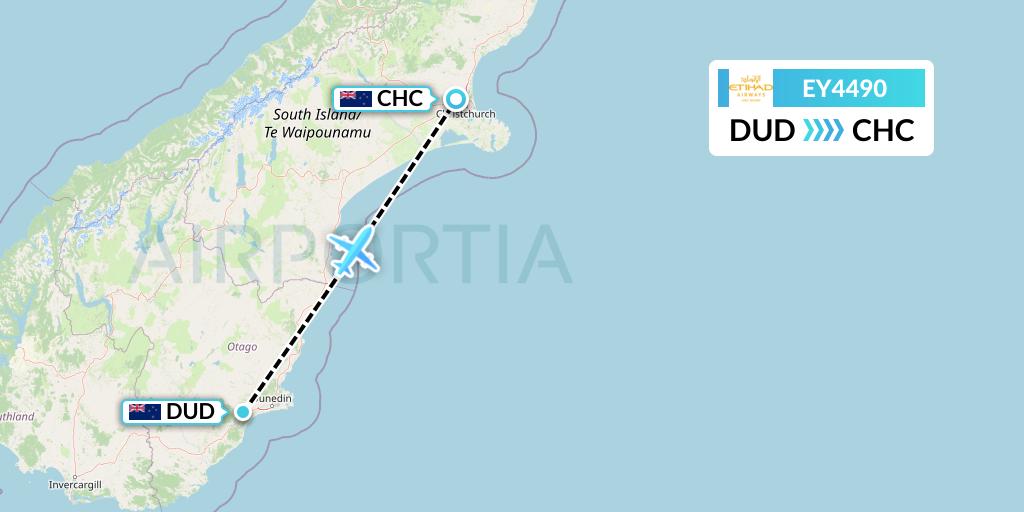 EY4490 Etihad Airways Flight Map: Dunedin to Christchurch