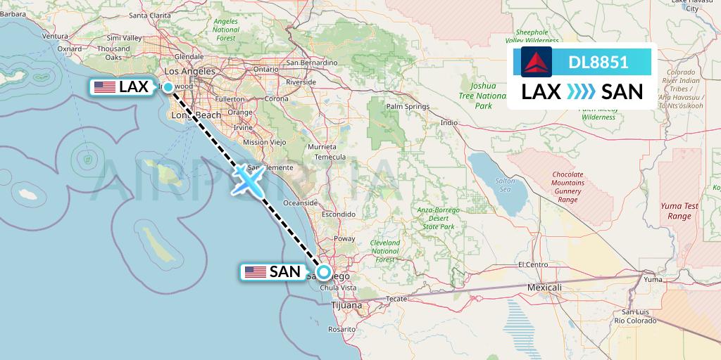 DL8851 Delta Air Lines Flight Map: Los Angeles to San Diego