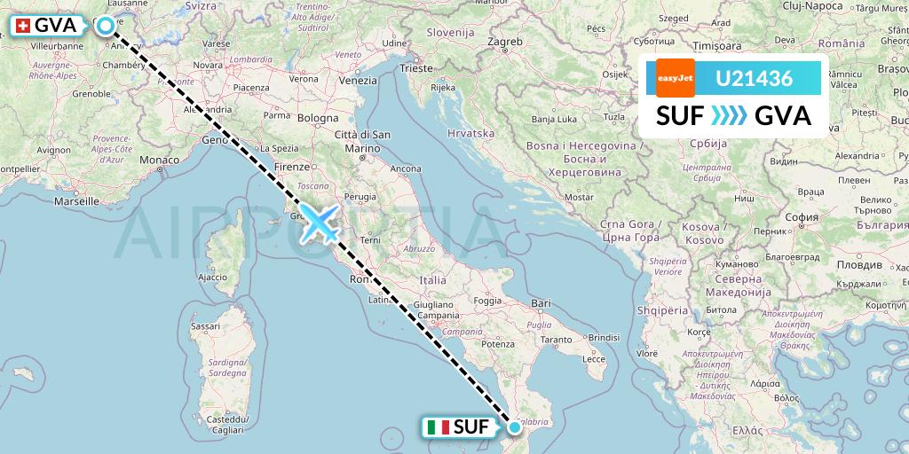U21436 EasyJet Flight Map: Lamezia Terme to Geneva