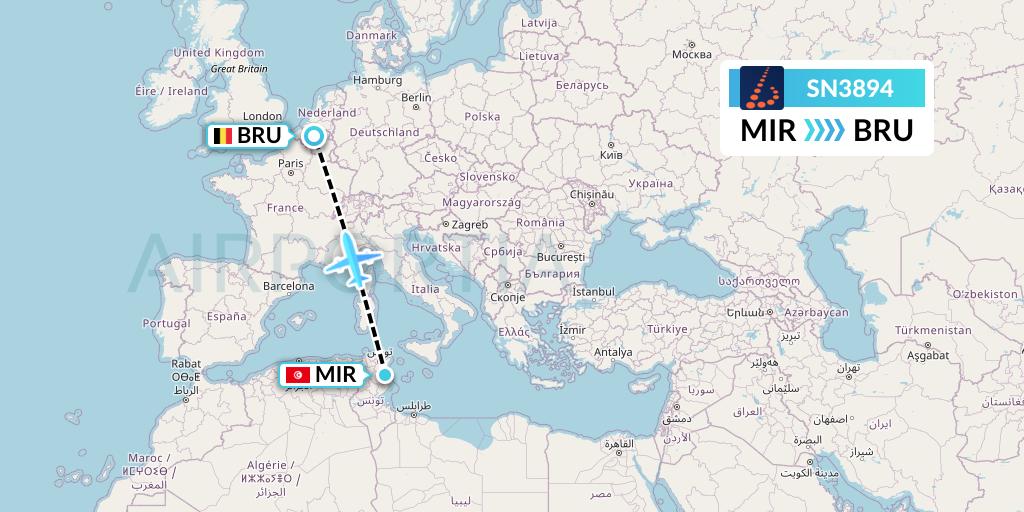 SN3894 Brussels Airlines Flight Map: Monastir to Brussels