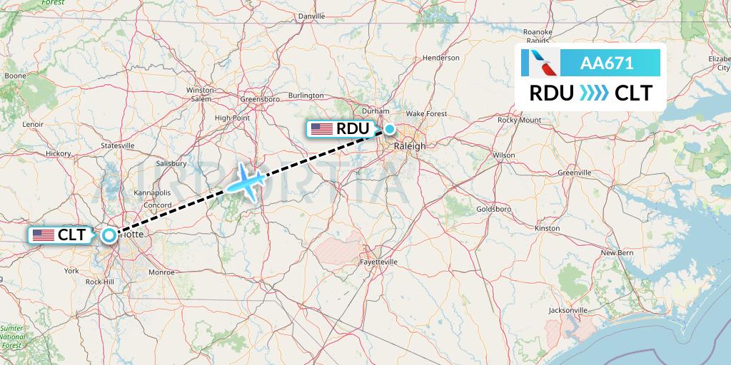 AA671 American Airlines Flight Map: Raleigh-Durham to Charlotte