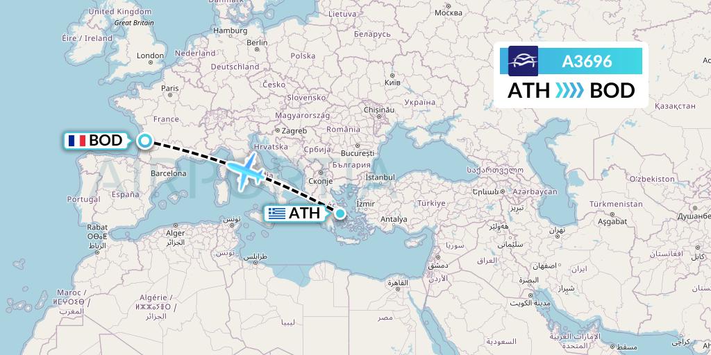 A3696 Aegean Airlines Flight Map: Athens to Bordeaux