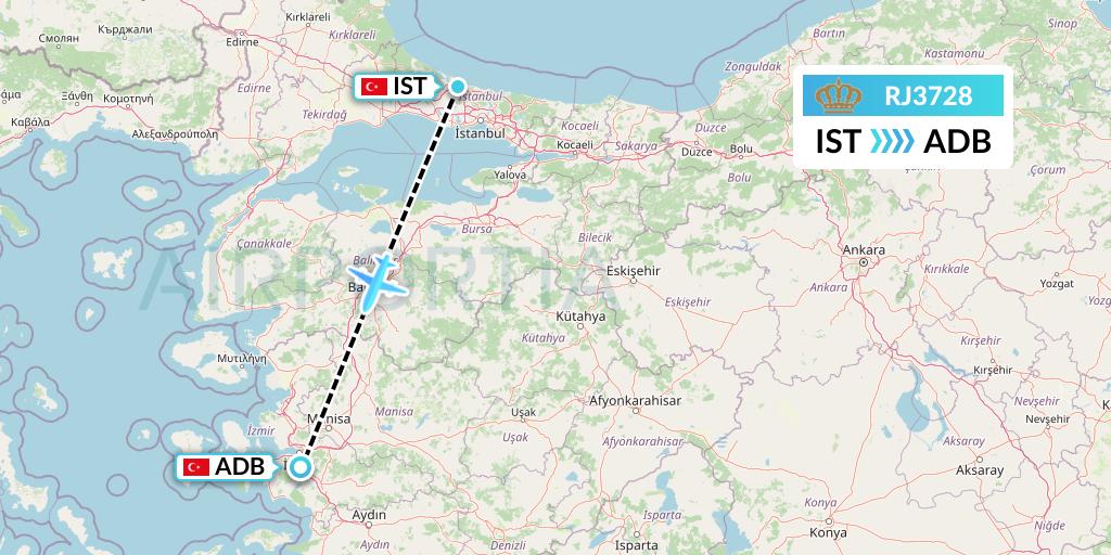 RJ3728 Royal Jordanian Flight Map: Istanbul to Izmir