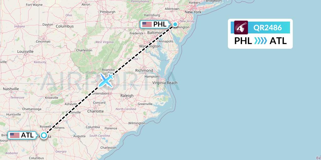 QR2486 Qatar Airways Flight Map: Philadelphia to Atlanta