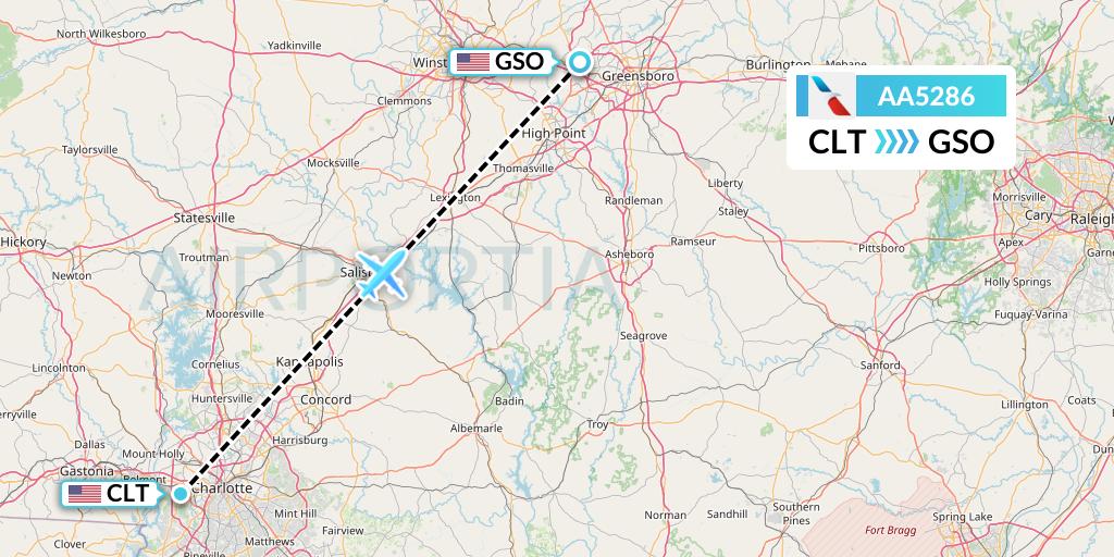 AA5286 American Airlines Flight Map: Charlotte to Greensboro