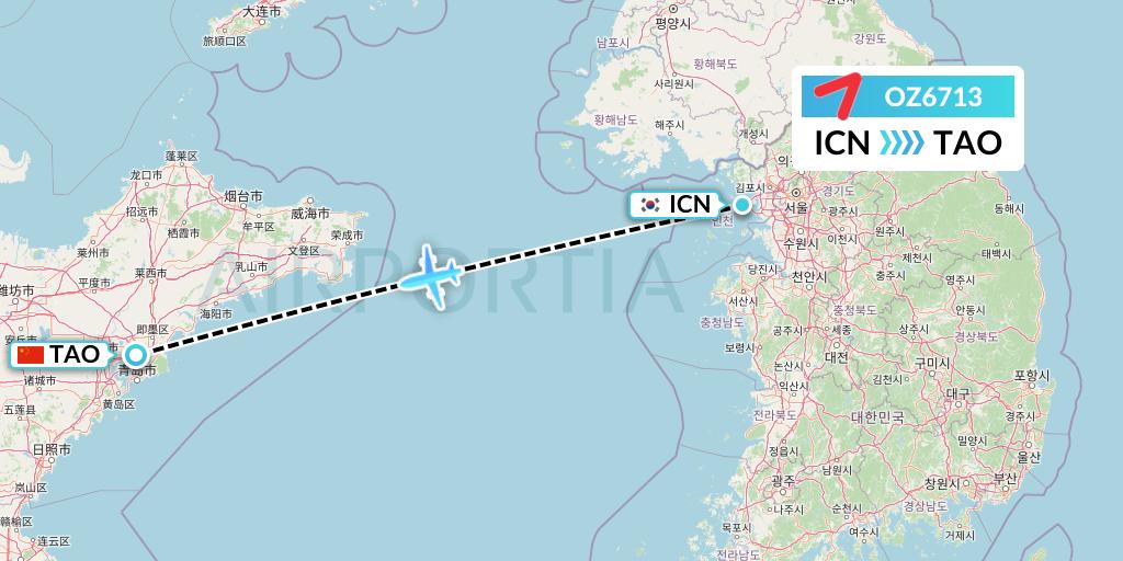 OZ6713 Asiana Airlines Flight Map: Seoul to Qingdao