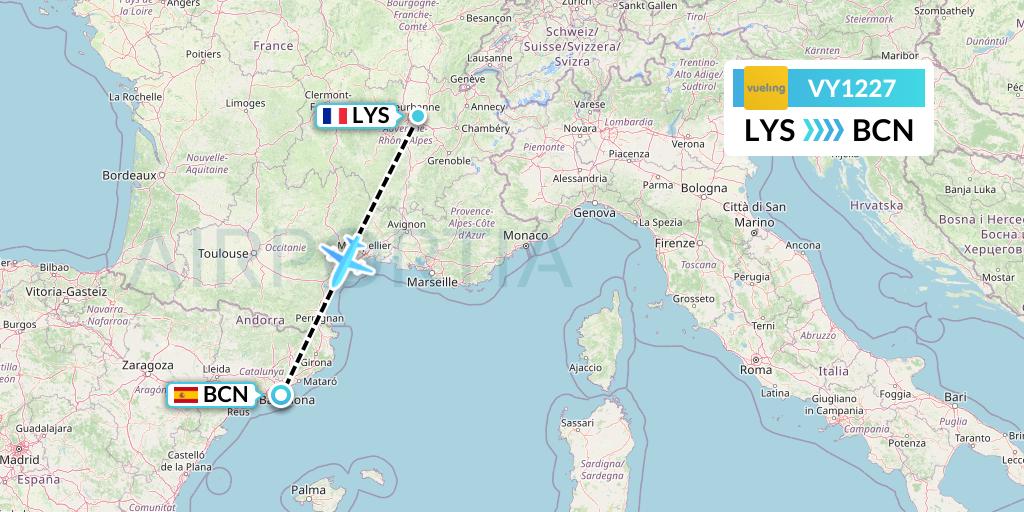 VY1227 Vueling Flight Map: Lyon to Barcelona