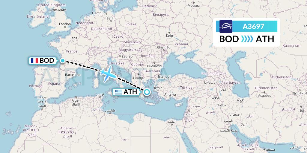 A3697 Aegean Airlines Flight Map: Bordeaux to Athens